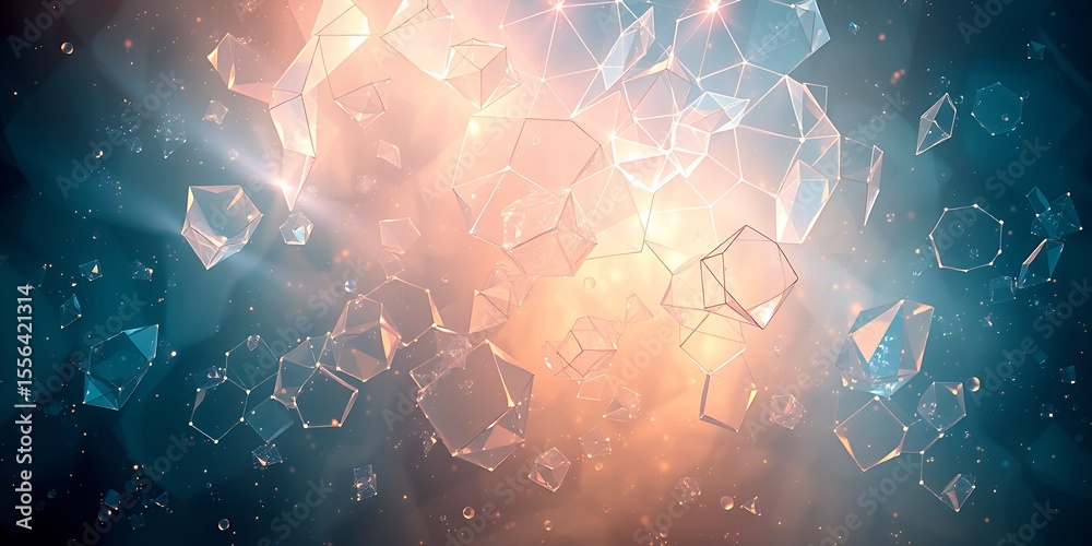 Poster Abstract geometric shapes floating in space with a glowing light behind them creating depth