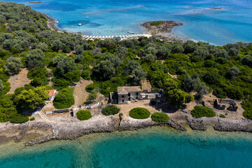 Aerial view of Lichadonisia which is island popular with boat trippers. the Greek Bahamas, in North Evia, Greece