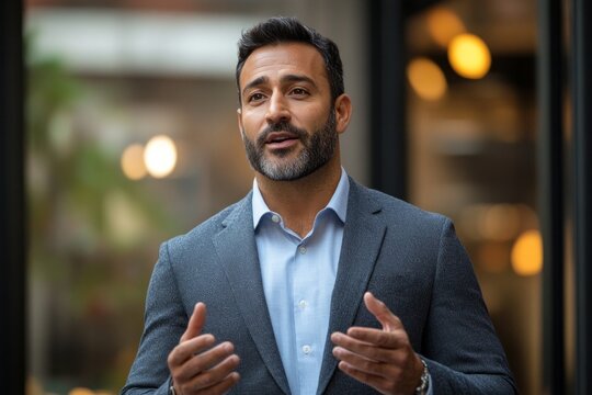 Middle-aged businessman wearing suit and gesturing with hands while giving a speech outdoors - Powered by Adobe