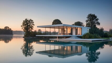 Fototapeta premium Modern Architectural Marvel Positioned on Tranquil Waters at Dawn With Stunning Reflection and Serene Surroundings