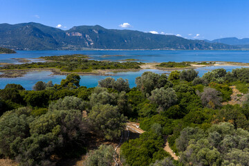 Aerial view of Lichadonisia which is island popular with boat trippers. the Greek Bahamas, in North Evia, Greece