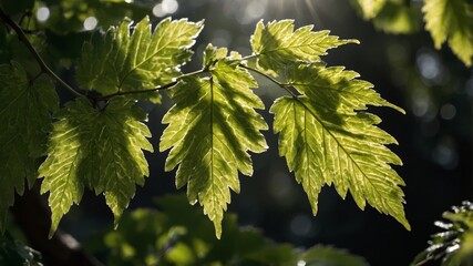 Sunlight Filters Through Lush Green Leaves in a Serene Forest Setting During a Warm Afternoon in Summer