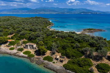 Aerial view of Lichadonisia which is island popular with boat trippers. the Greek Bahamas, in North Evia, Greece