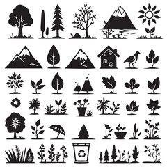 Black nature silhouette collection for graphic design needs icon set