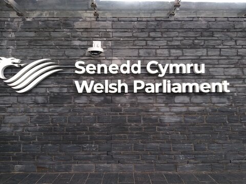 Senedd Cymru Welsh Parliament Logo on Building Wall