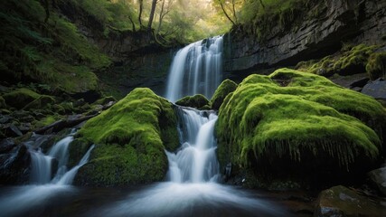 Obraz premium Breathtaking Waterfall Cascading Over Lush Green Moss-Covered Rocks in a Serene Forest Setting During the Golden Hour