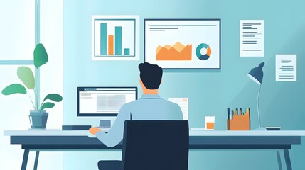 Analyzing Analytics: An individual immersed in their analytical endeavors, surrounded by data visualizations and work tools.