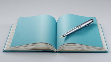 Fototapeta premium A silver pen balanced on an open teal notebook displaying blank pages