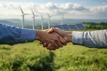 Two engineers shaking hands in front of wind turbines and solar panels, celebrating successful renewable energy project