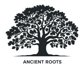 Obraz premium Silhouette of a large ancient oak tree with deep roots a symbol of longevity and strength Black silhouette mature against white background silhouette