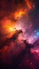 Vibrant cosmic nebula with glowing stars and swirling gas clouds