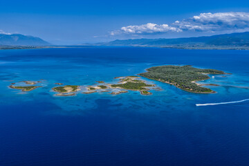 Aerial view of Lichadonisia which is island popular with boat trippers. the Greek Bahamas, in North Evia, Greece