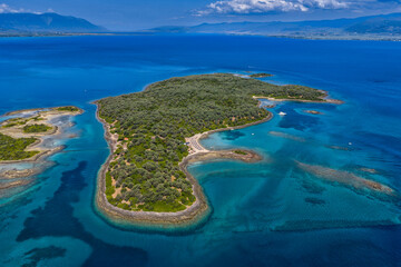 Aerial view of Lichadonisia which is island popular with boat trippers. the Greek Bahamas, in North Evia, Greece