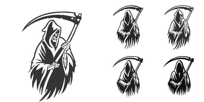 Grim Reaper Scythe Black White Illustration Four Variations Graphic Design death