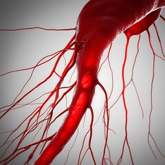 Close-up 3D illustration of a red blood vessel with branching capillaries against a light gray background.
