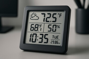 A digital display showing temperature humidity time and date details