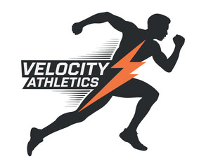 Velocity Athletics Logo Featuring a Running Silhouette with Lightning Bolt runner lightning bolt graphic running athlete sports logo silhouette fitness exercise velocity athletics