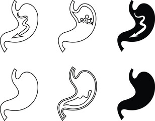 Stomach organ icon set biology digestion function. contains gastric juice to aid digestion and ascend to the intestine. ache, healthcare symbol. Anatomy, healthy. silhouette Outline, flat design.