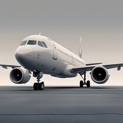 Obraz premium A commercial airplane is parked on the runway, ready for takeoff or landing under a clear sky.