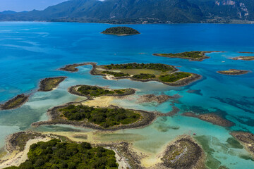 Aerial view of Lichadonisia which is island popular with boat trippers. the Greek Bahamas, in North Evia, Greece
