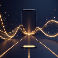 A smartphone emits glowing, golden waveforms, symbolizing digital connectivity and data transmission in a sleek, futuristic setting.