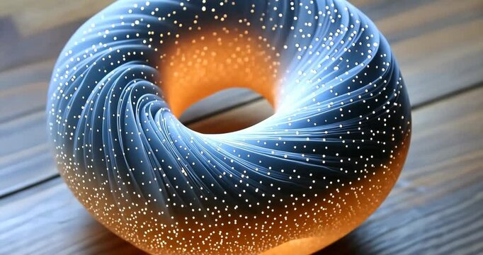 Close-up of a glowing toroidal vortex lamp with orange light and dynamic motion.