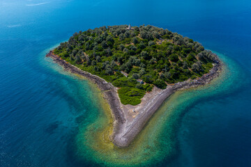 Aerial view of Lichadonisia which is island popular with boat trippers. the Greek Bahamas, in North Evia, Greece