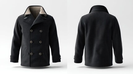 Front and back layout of a stylish pea coat, high-resolution, isolated on a blank product-ready background
