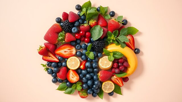 Overhead View of Vibrant Fresh Fruits and Vegetables in Circular Pattern