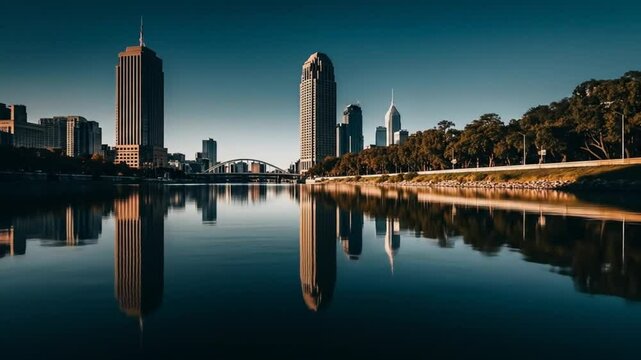 Akron Ohio Skyline Reflected in the Ohio Canal