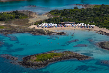 Aerial view of Lichadonisia which is island popular with boat trippers. the Greek Bahamas, in North Evia, Greece