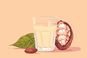 Vector illustration of cacao water in a glass and half of cacao fruit with palm leaves on a peach backdrop