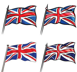 Four Waving U K Flags Red White Blue National Emblem Illustration UK flag British flag