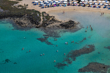 Aerial view of Lichadonisia which is island popular with boat trippers. the Greek Bahamas, in North...