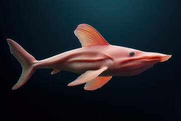 Goblin shark displays unique elongated snout and pinkish skin in the deep ocean environment
