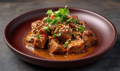 Rich pepin stew from Guatemala featuring toasted seeds, chilies, and fresh herbs on a maroon plate