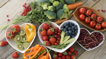 Colorful Organic Fruits and Vegetables,
Healthy Food Assortment on Wooden Table,
Fresh Fruits and Veggies in Heart-Shaped Bowls,
Vibrant Plant-Based Superfoods Display,
background image