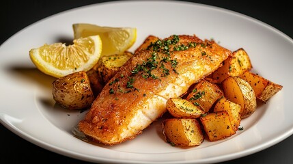 Delicious fish and chips on a white plate with lemon and crispy potatoes against a soft neutral background