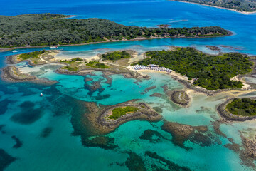 Aerial view of Lichadonisia which is island popular with boat trippers. the Greek Bahamas, in North Evia, Greece