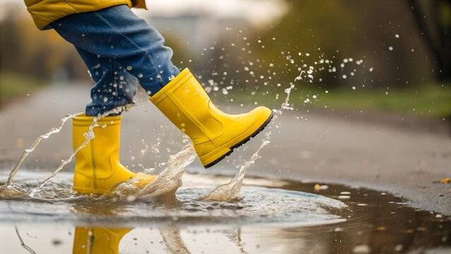 Child&rsquo;s rain boot stepping into a puddle &mdash; splash frozen mid-motion