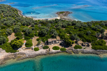 Aerial view of Lichadonisia which is island popular with boat trippers. the Greek Bahamas, in North Evia, Greece