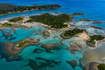 Aerial view of Lichadonisia which is island popular with boat trippers. the Greek Bahamas, in North Evia, Greece