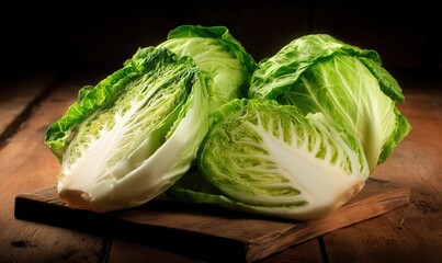 Fresh cut cabbage displayed on wooden plank in natural light emphasizing vibrant green texture