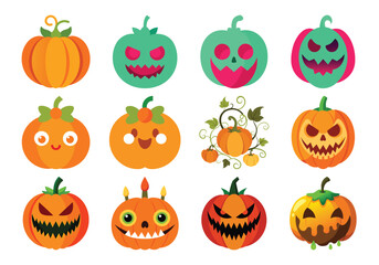 Cartoon Halloween Pumpkins and Jack-o'-Lanterns – Cute and Spooky Vector Set on white background 

