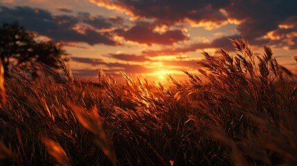 A vibrant sunset illuminates a field of tall grass, casting a warm glow across the landscape.