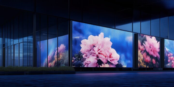 Bright and vibrant outdoor digital signage showcasing stunning floral visuals in a modern urban setting during daylight