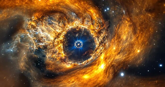 A clock floats in the center of a golden and blue nebula in space.