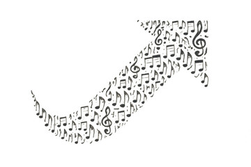 Musical notes cascading in fluid wave, representing harmonic sound movement across transparent surface