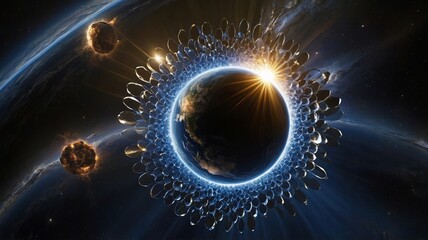 Artistic Representation of Earth Encircled by Celestial Objects During a Stunning Cosmic Event in Deep Space, Showcasing a Dazzling Sunrise Effect