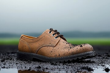 Naklejka premium Dirty muddy black school shoe on wet ground during overcast weather in an outdoor setting
